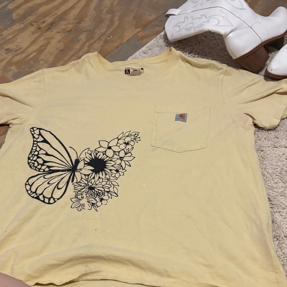 Carhartt Light Yellow Tee with Black Butterfly Floral Design